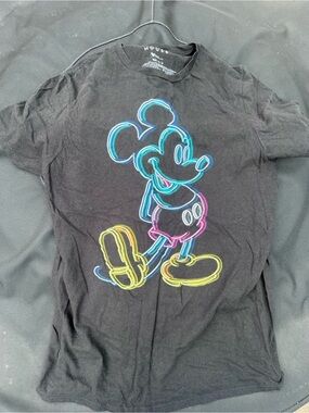 Disney Black T‑Shirt with Neon Blue Pink Yellow Mickey Graphic